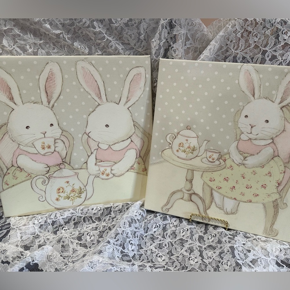 Absolutely adorable bunny tea party canvas 12x12 pastel prints wrapped edges